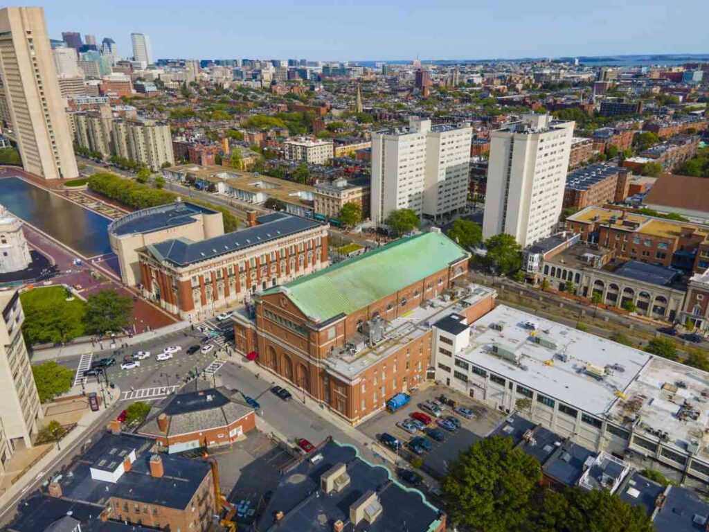 old brick building of the Boston Symphony Orchestra with green roof from above