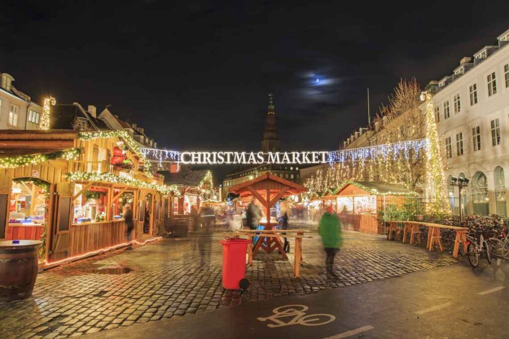 lit-up christmas market on a plaza in copenhagen