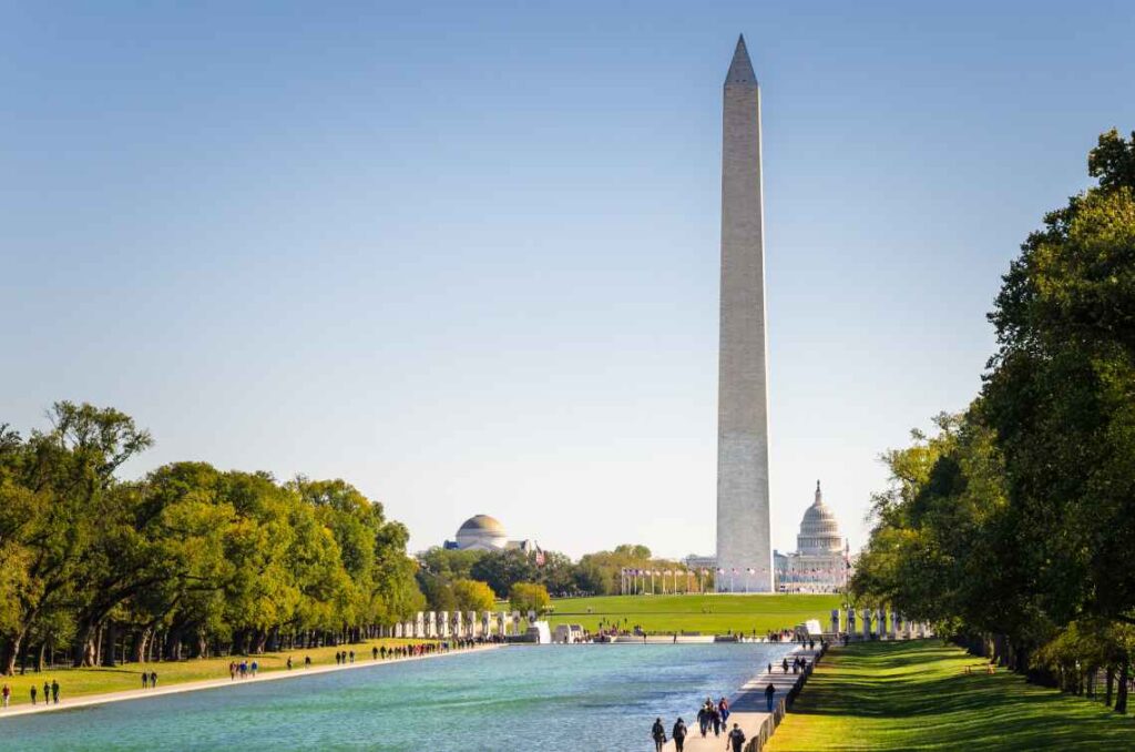 reflecting pool and large washington monument on a clear day, with people walking around the pool