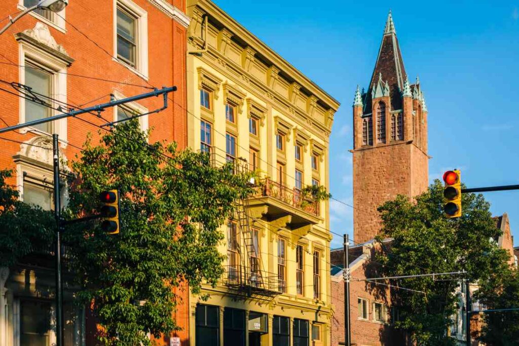 historic buildings and a church in the over the rhine neighborhood of cincinnati
