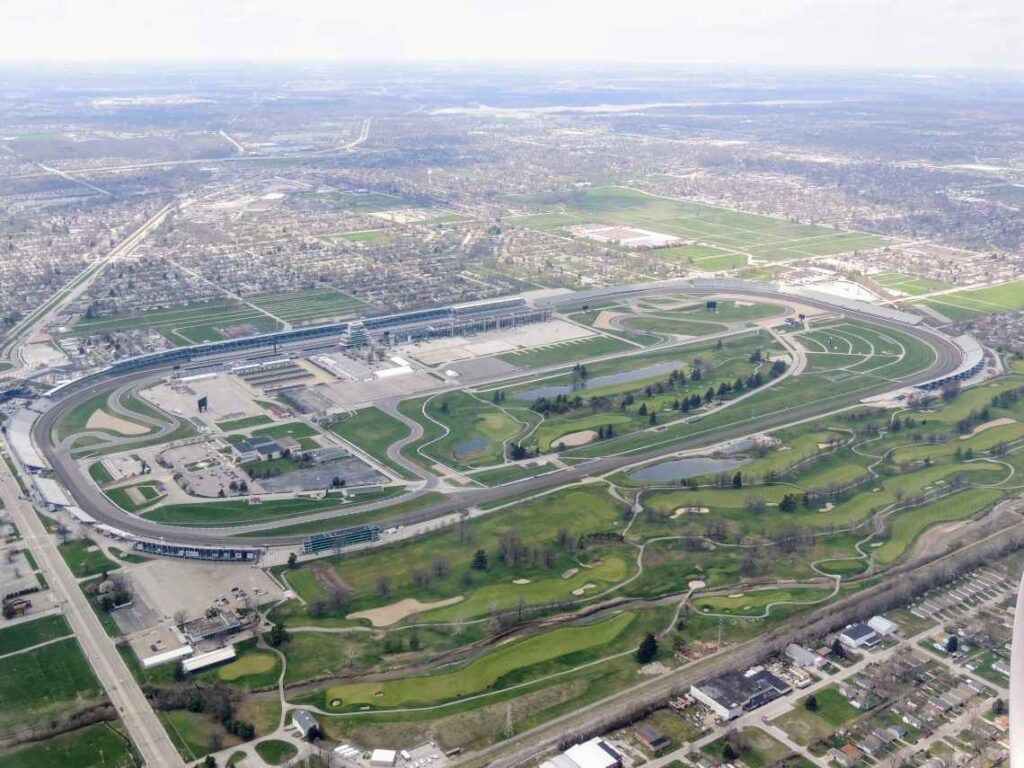 view of the oval indianapolis motor speedway from an airplane