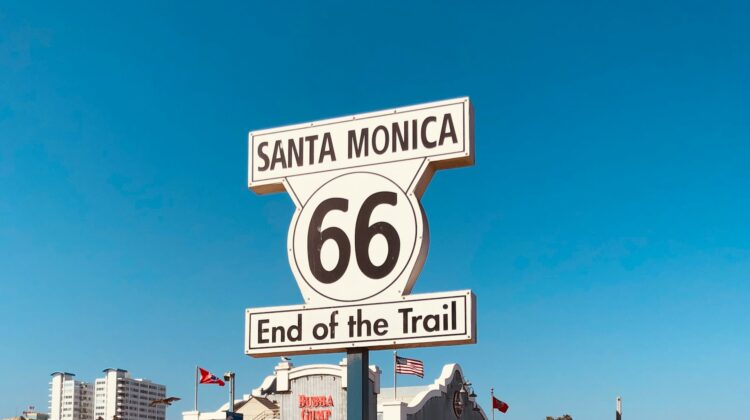A close-up of the famous Santa Monica’s Route 66 End of the Trail Sign.