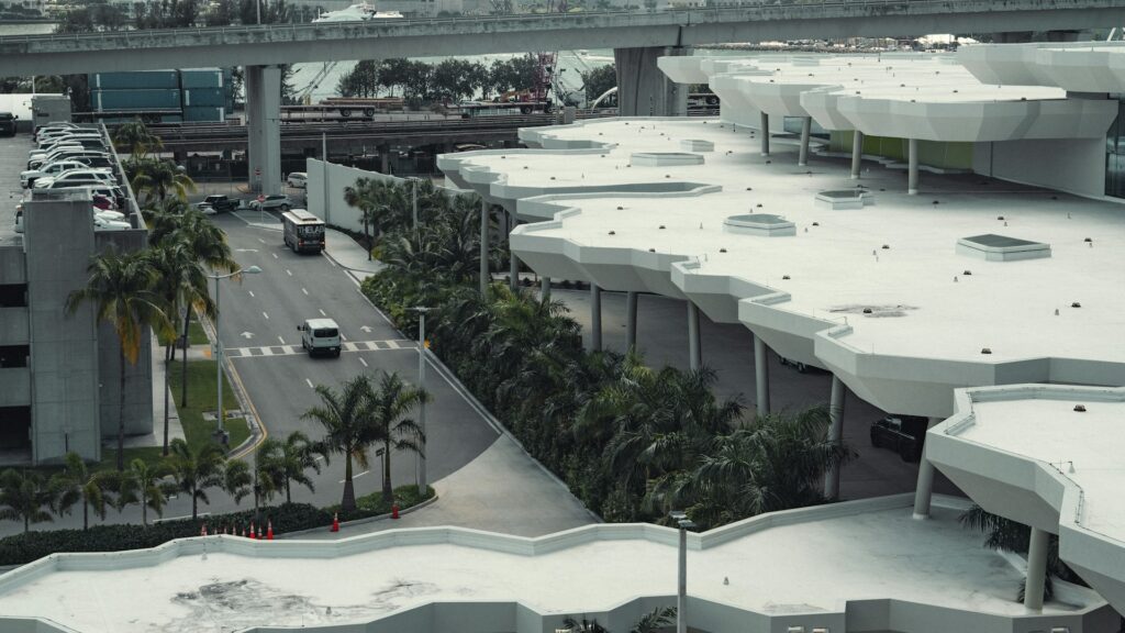 Aerial view of Miami with a bridge and a road.
