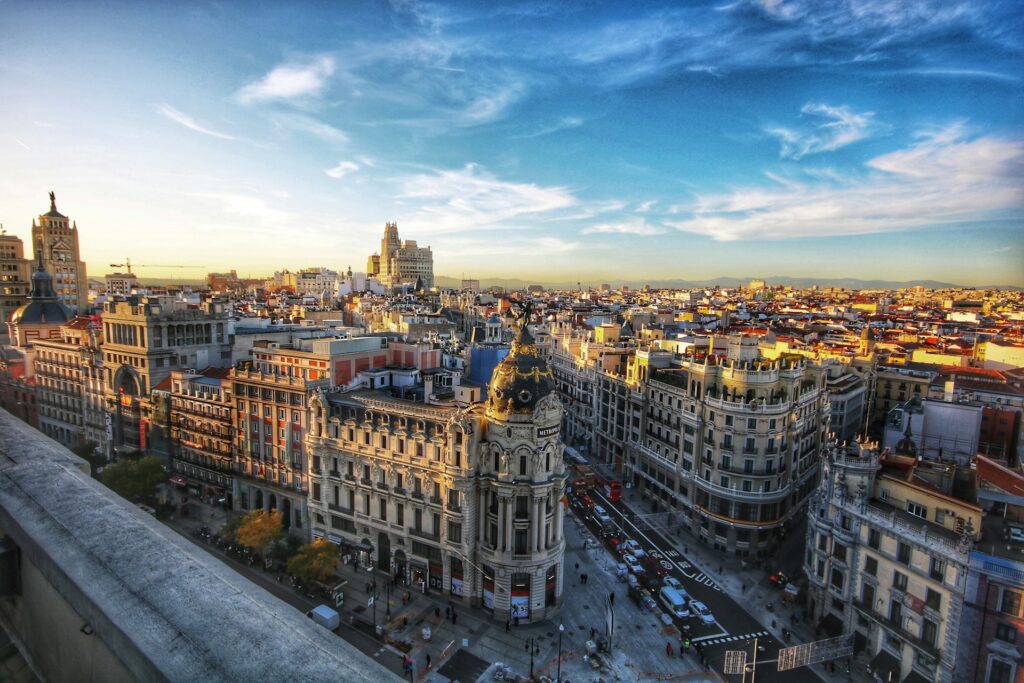 Aerial view of the Metropoli Building in Madrid, Spain.
