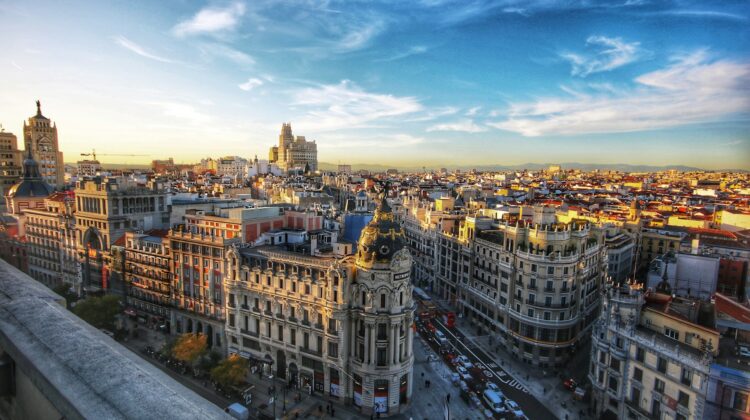 Aerial view of the Metropoli Building in Madrid, Spain.